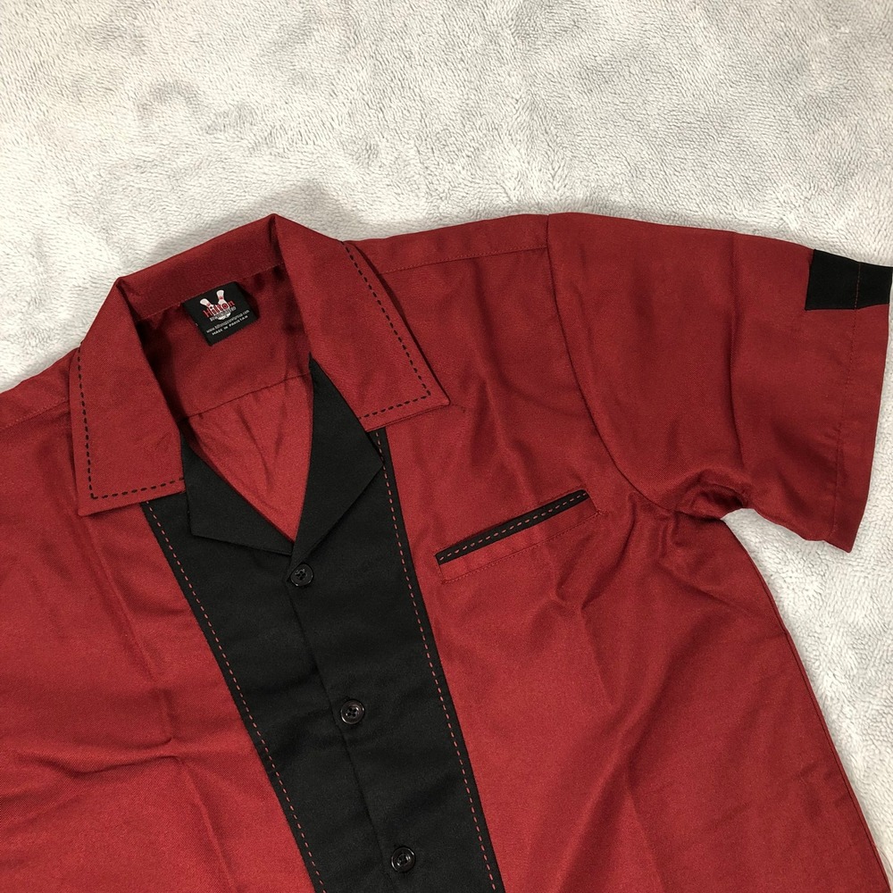 Hilton Bowling Retro Shirt Men's Medium Red Black Rockabilly 50s Style Button Up